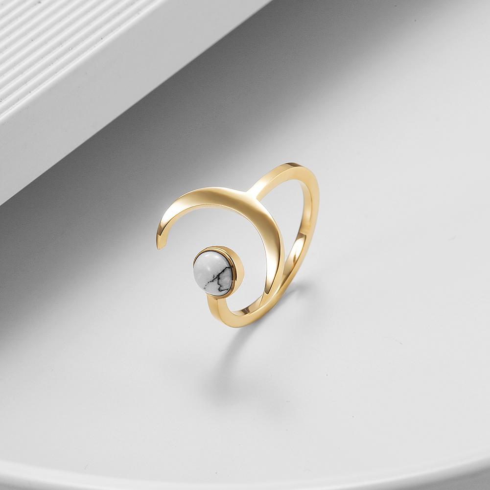 Elegant White Marble Moon Ring made of stainless steel with gold plating, featuring a unique marble design.