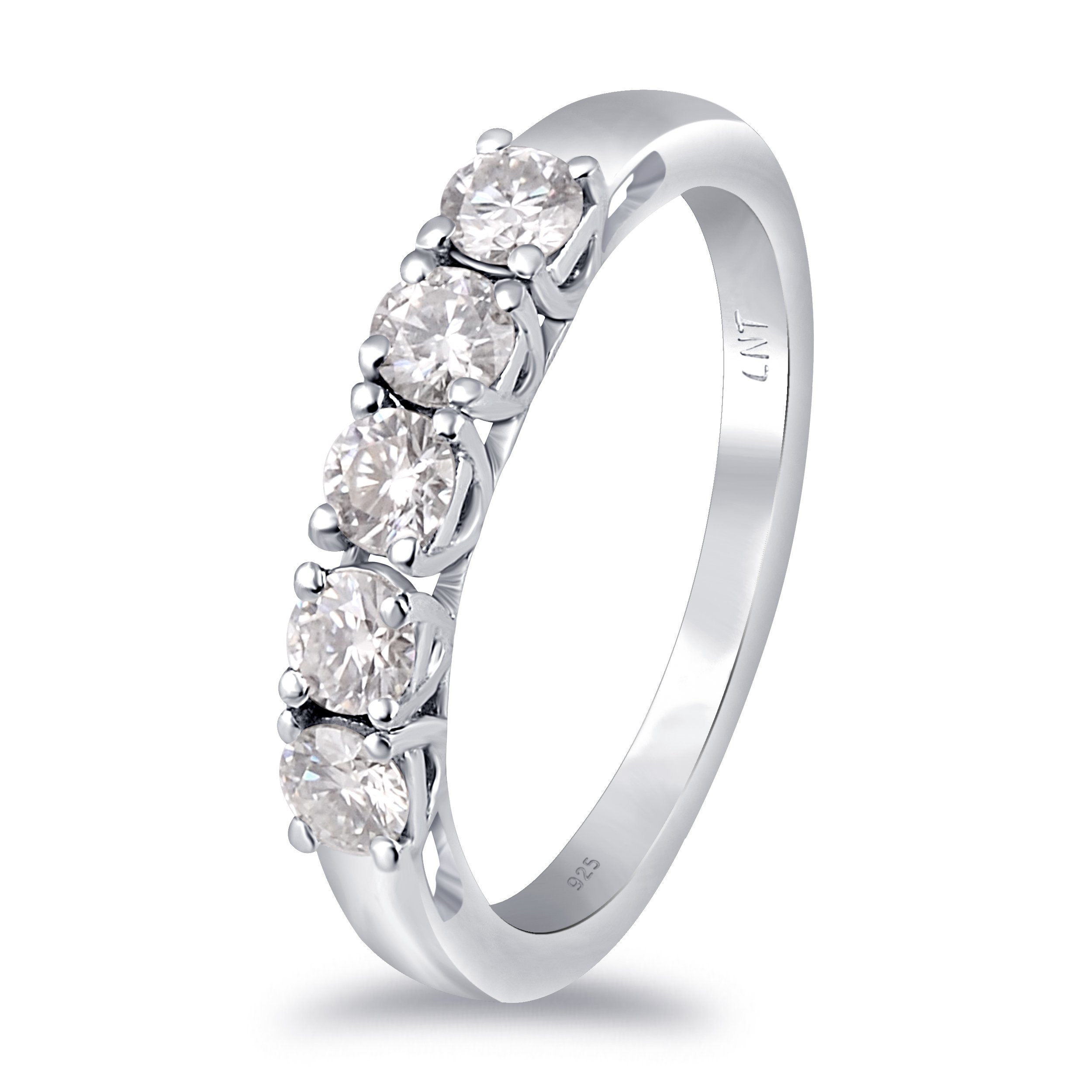 Elegant White Moissanite 5-Stone Ring set in high-polished sterling silver, featuring five round white stones.