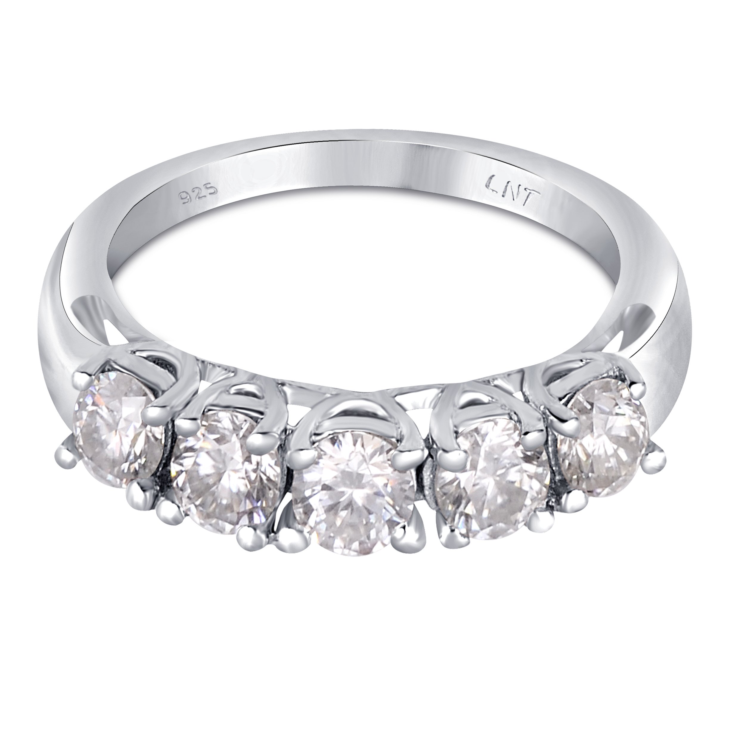 Elegant White Moissanite 5-Stone Ring set in high-polished sterling silver, featuring five round white stones.