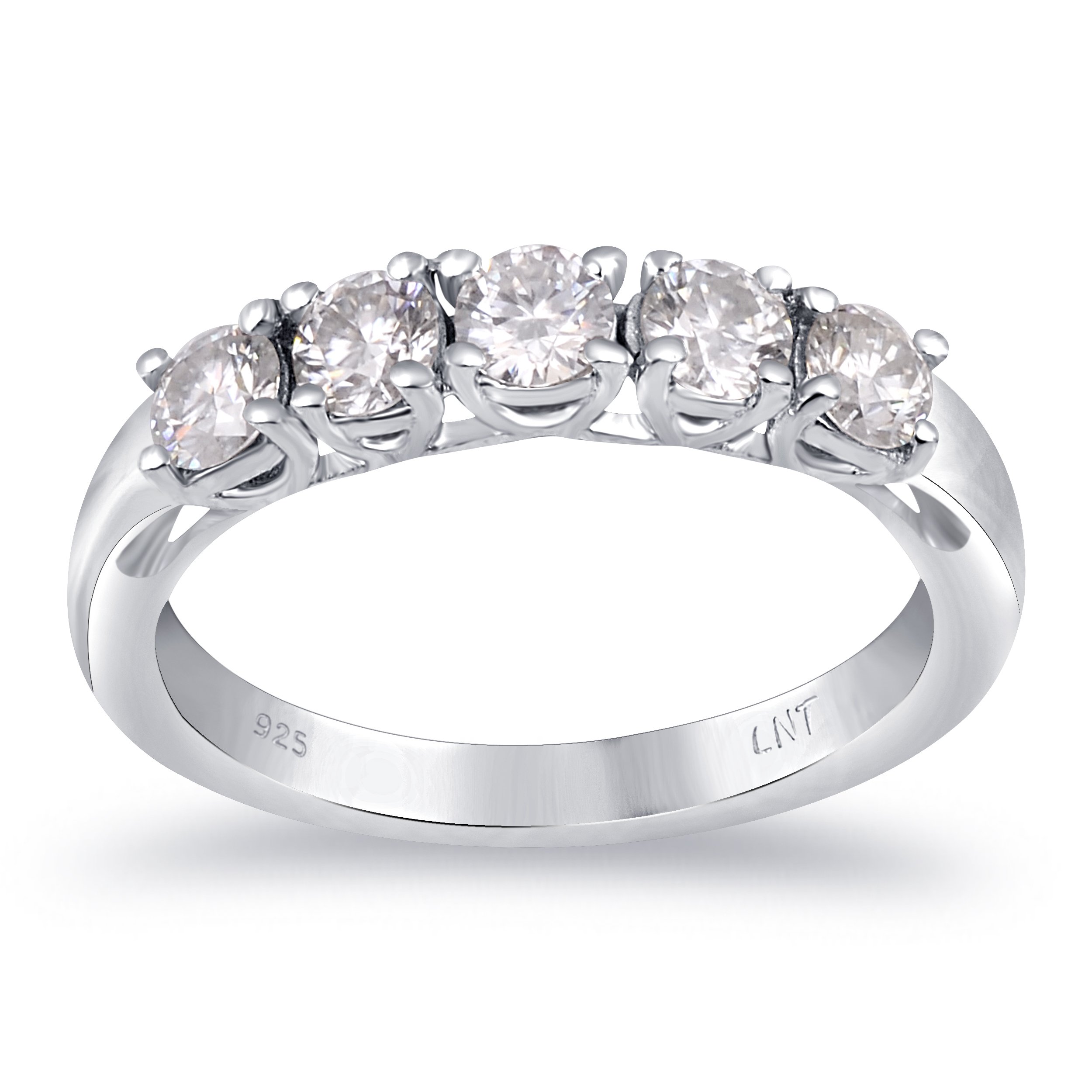 Elegant White Moissanite 5-Stone Ring set in high-polished sterling silver, featuring five round white stones.