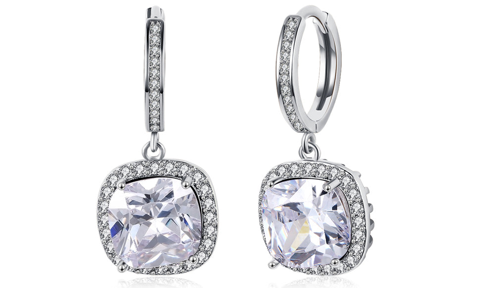 Elegant White Sapphire Asscher Cut Dangling Lever Back Earrings in 14K White Gold, showcasing their brilliant sparkle and luxurious design.