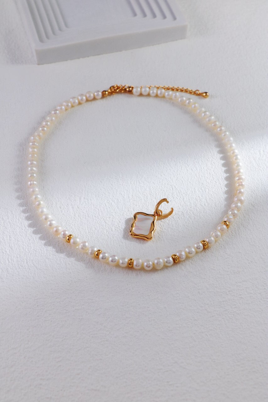 Elegant White Shell Double Sided Pendant Necklace with gold vermeil accents, showcasing its unique design and craftsmanship.