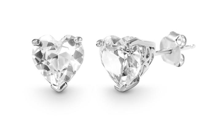 Elegant White Topaz Heart Stud Earrings in 14K White Gold Plating, showcasing a 6mm heart-shaped gemstone.