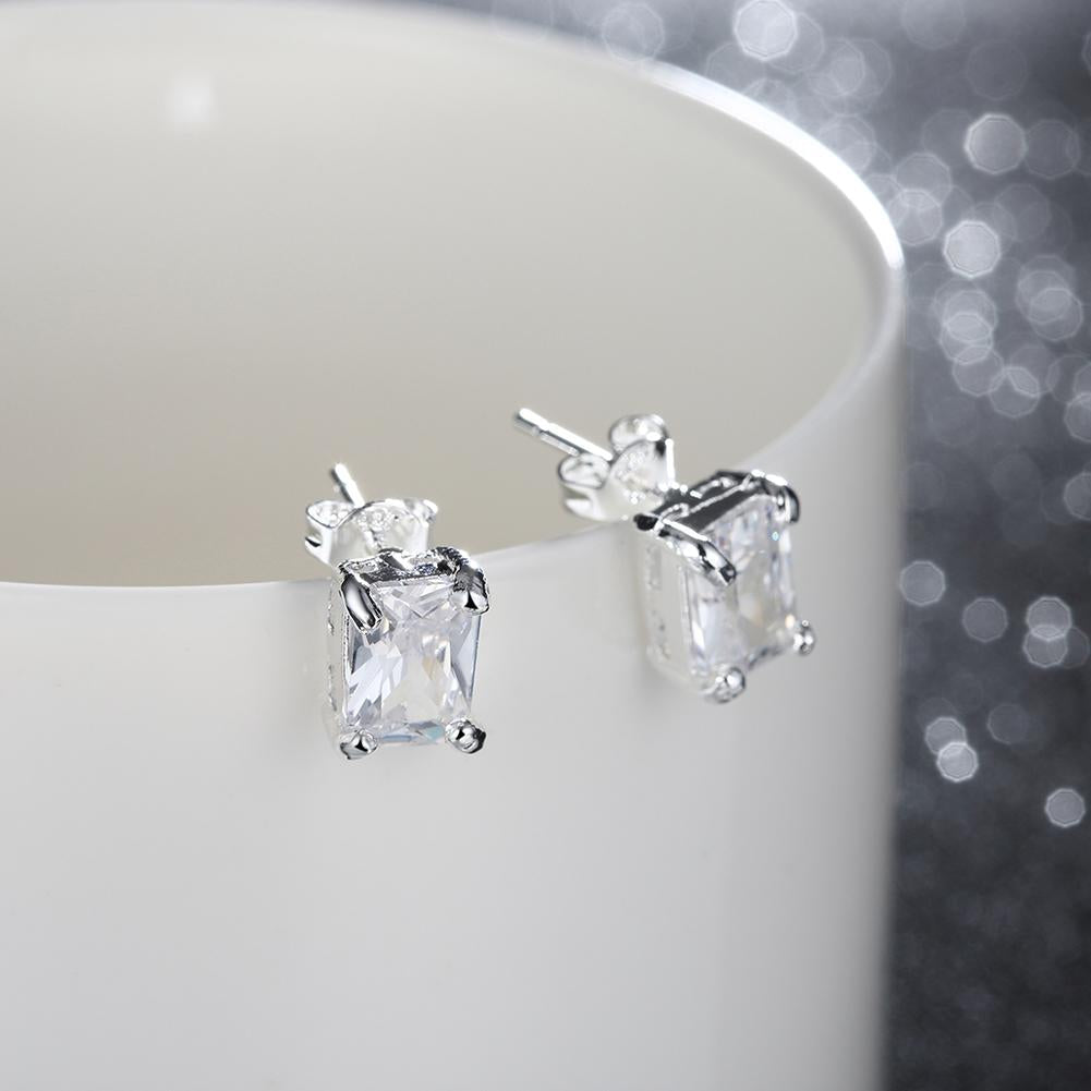 Elegant White Topaz Square Stud Earrings set in 14K white gold plating, showcasing a modern square design.