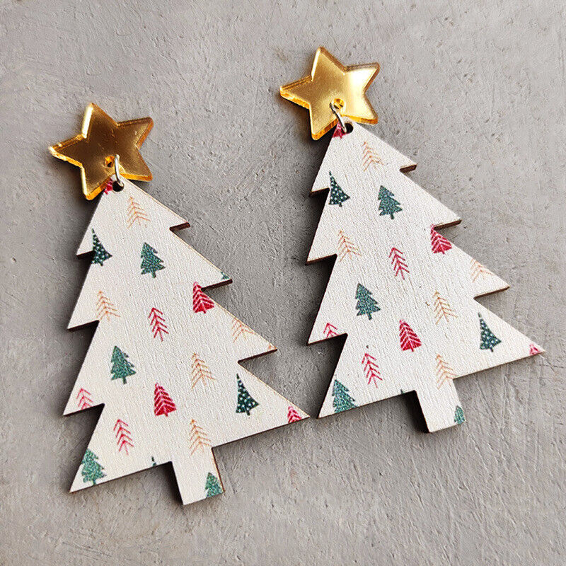 Elegant White Tree Holiday Wood Earrings hanging against a neutral background, showcasing their lightweight design and natural wood finish.