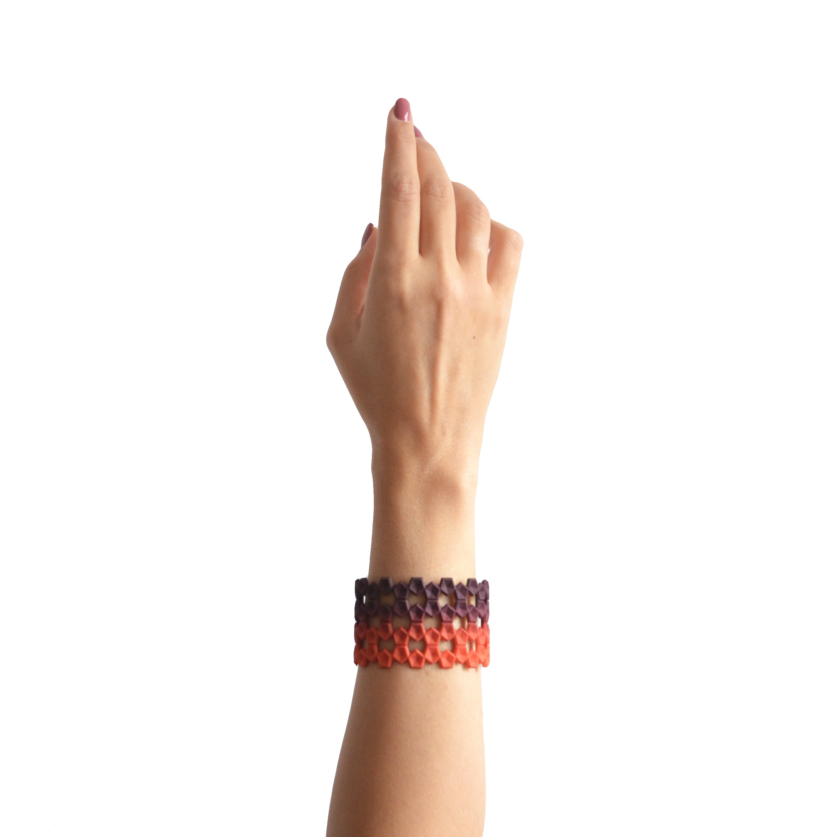 Wide Geometric Lace Bangle in vibrant colors with a unique pentagon design and sterling silver magnetic clasp.