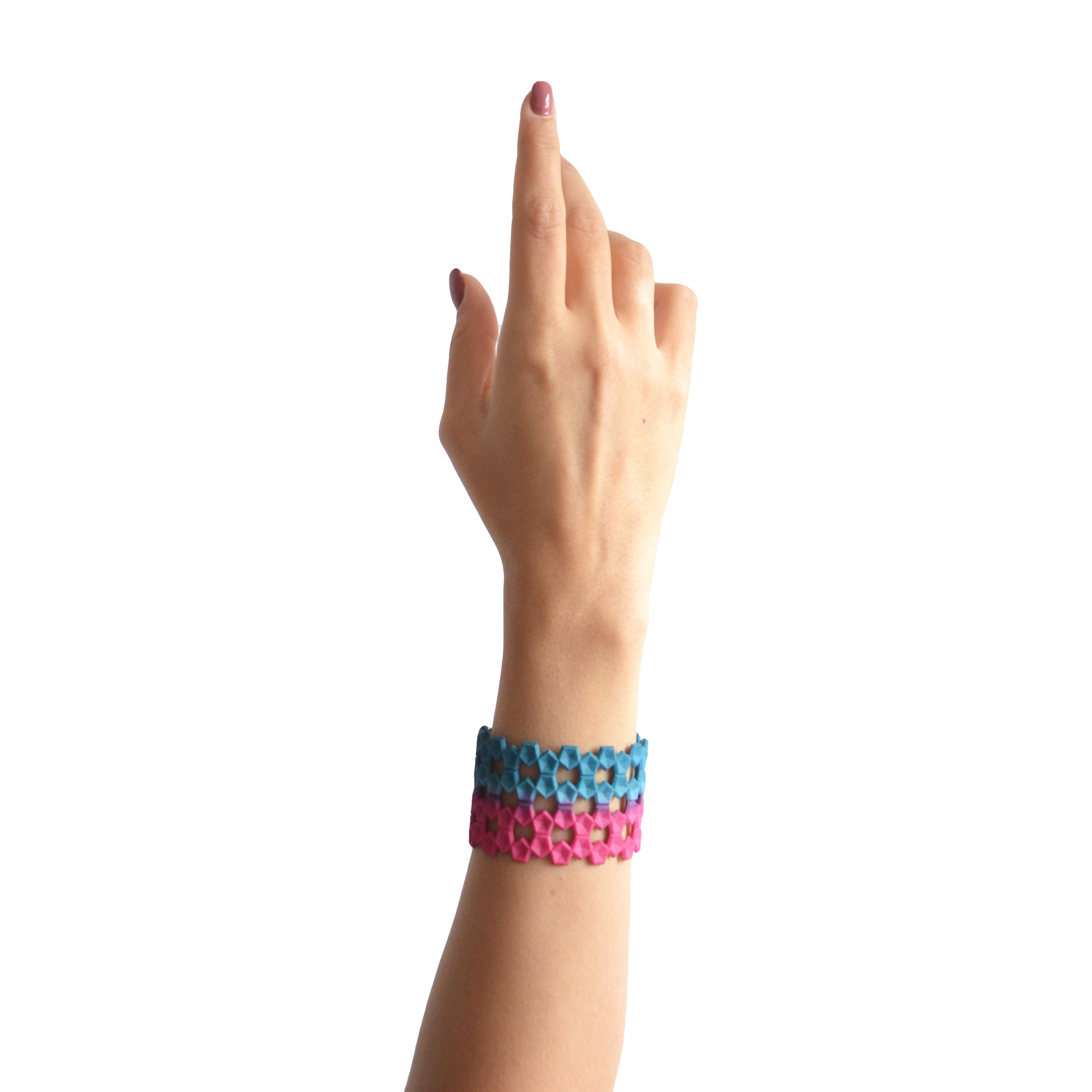 Wide Geometric Lace Bangle in vibrant colors with a unique pentagon design and sterling silver magnetic clasp.