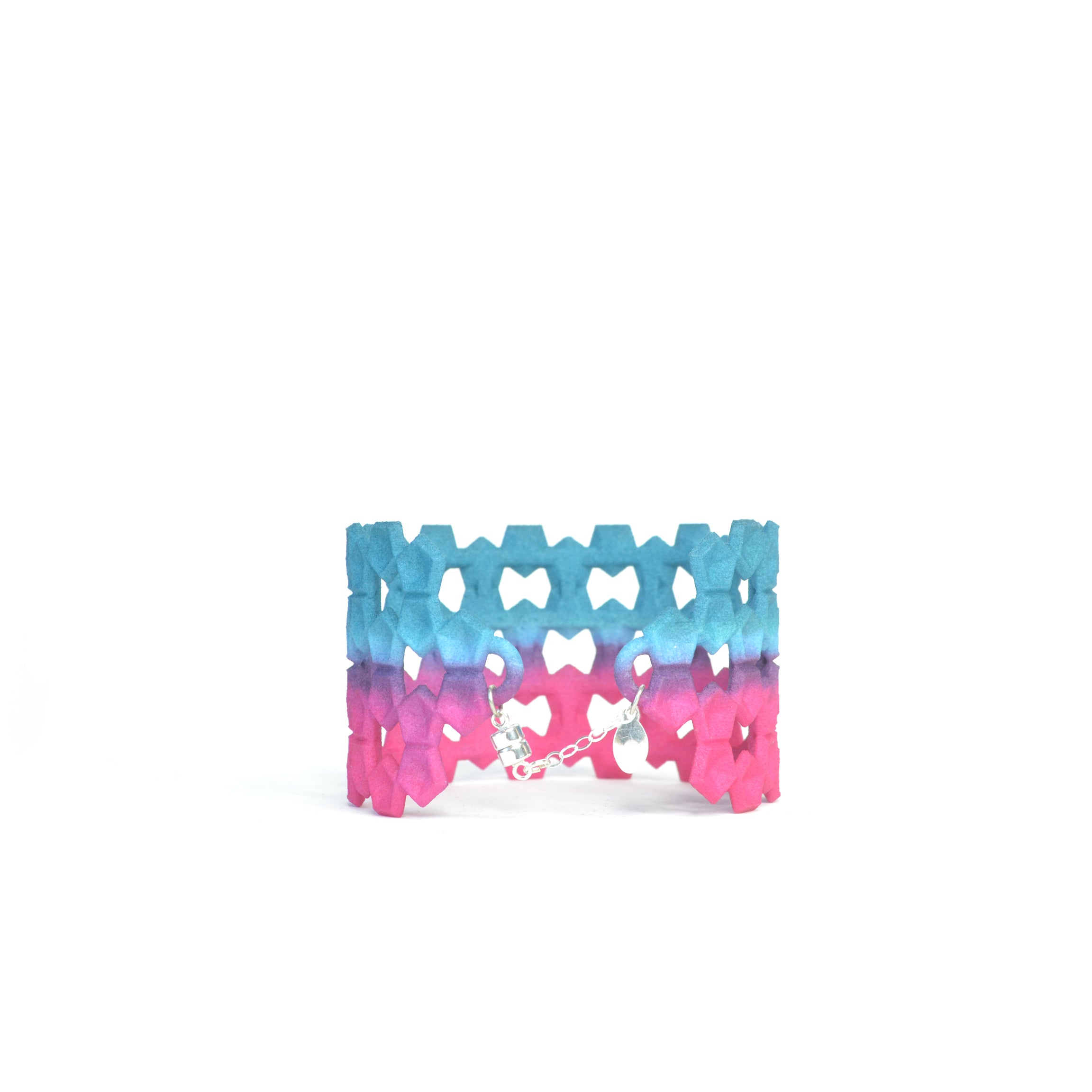 Wide Geometric Lace Bangle in vibrant colors with a unique pentagon design and sterling silver magnetic clasp.