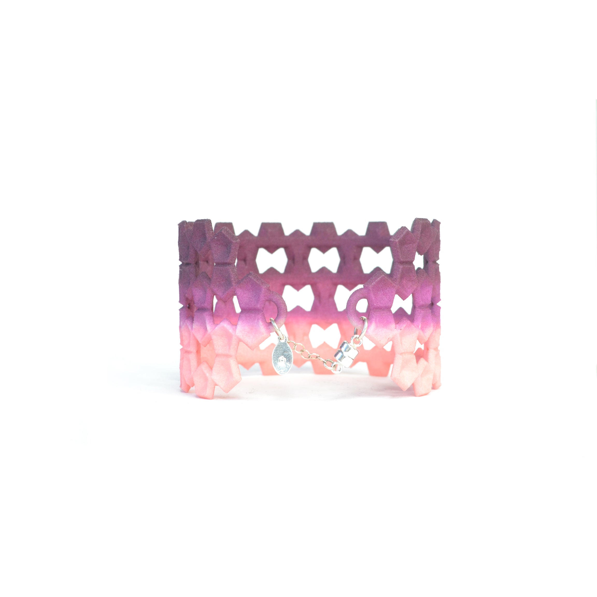 Wide Geometric Lace Bangle in vibrant colors with a unique pentagon design and sterling silver magnetic clasp.