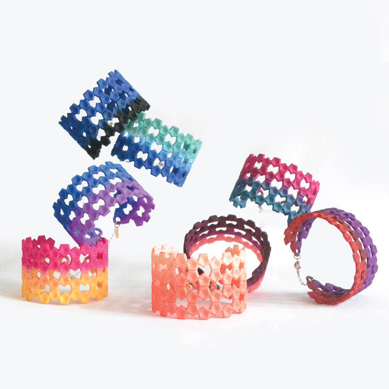 Wide Geometric Lace Bangle in vibrant colors with a unique pentagon design and sterling silver magnetic clasp.