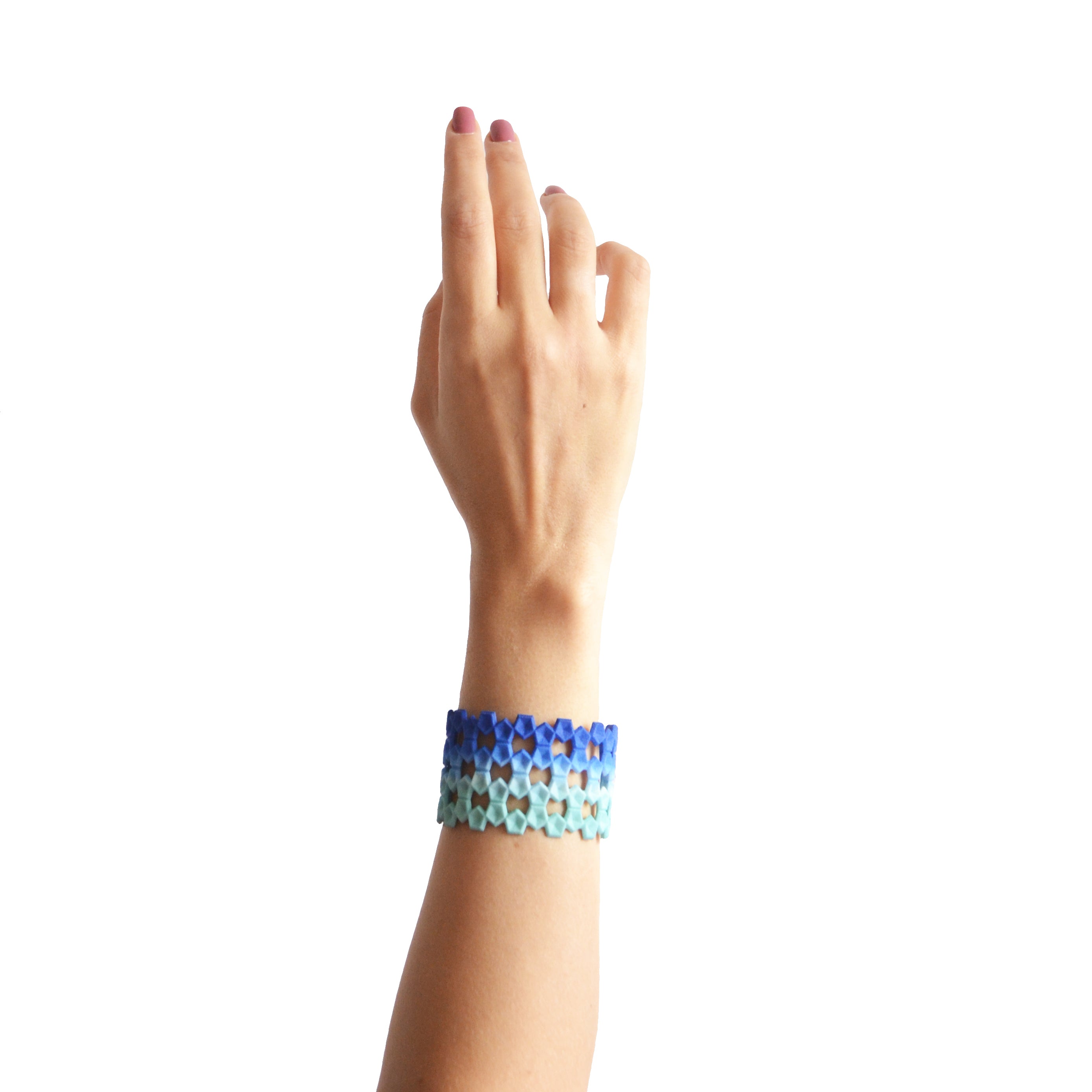 Wide Geometric Lace Bangle in vibrant colors with a unique pentagon design and sterling silver magnetic clasp.