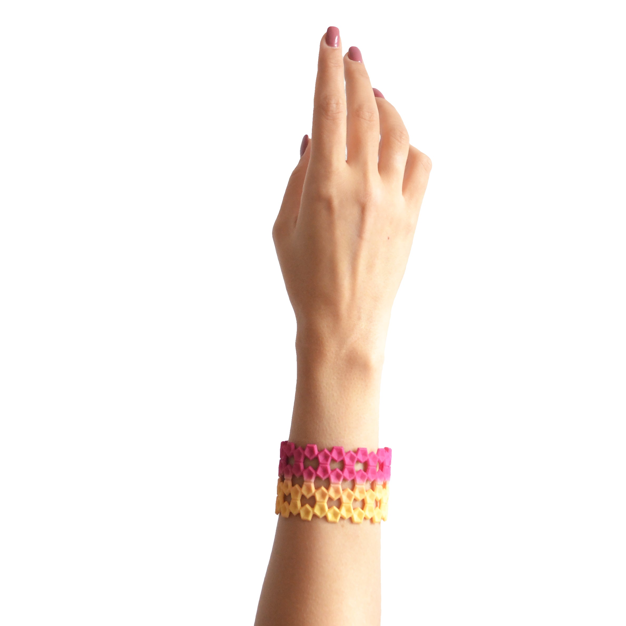 Wide Geometric Lace Bangle in vibrant colors with a unique pentagon design and sterling silver magnetic clasp.