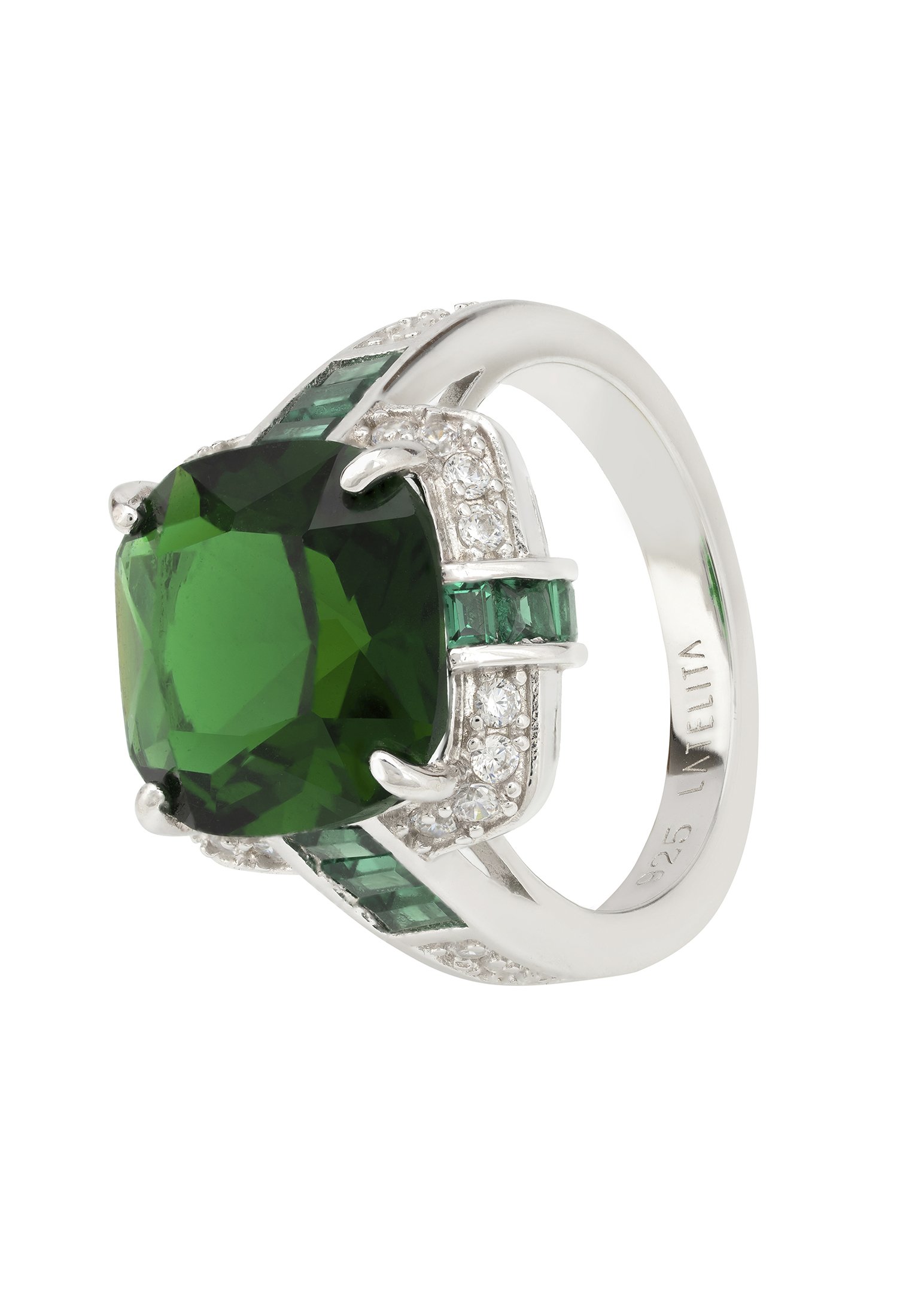 Windsor Silver Ring featuring a central square-shaped emerald surrounded by white zircons and cushion cut emeralds, set in 925 sterling silver.