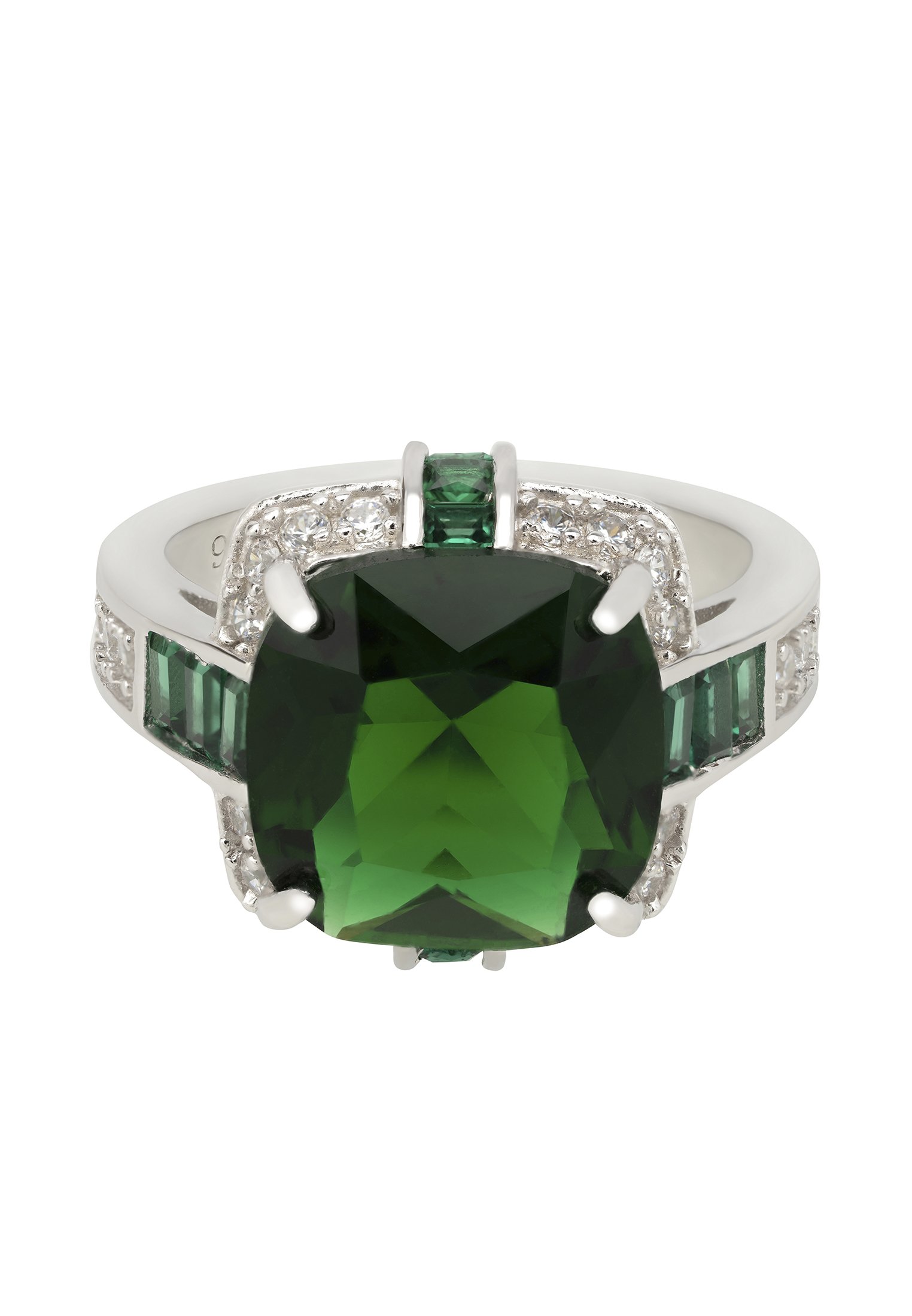 Windsor Silver Ring featuring a central square-shaped emerald surrounded by white zircons and cushion cut emeralds, set in 925 sterling silver.