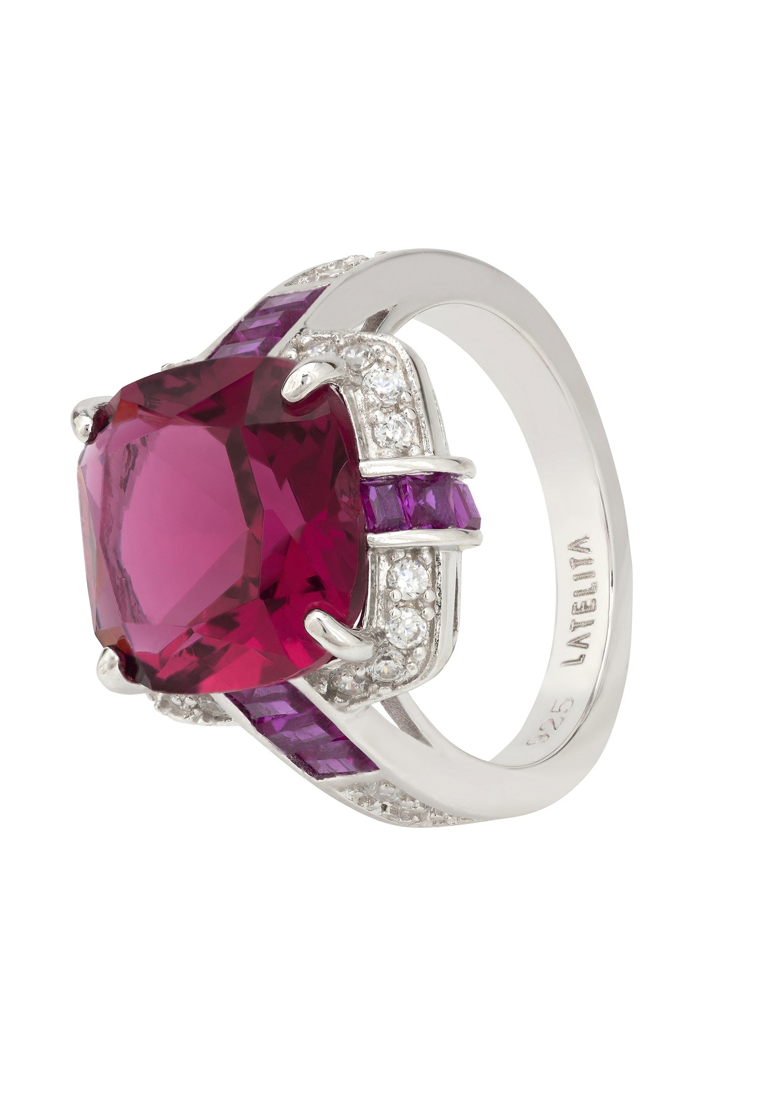 Windsor Silver Ring featuring a central cultured ruby surrounded by white zircons and cushion cut rubies, handcrafted in 925 sterling silver.