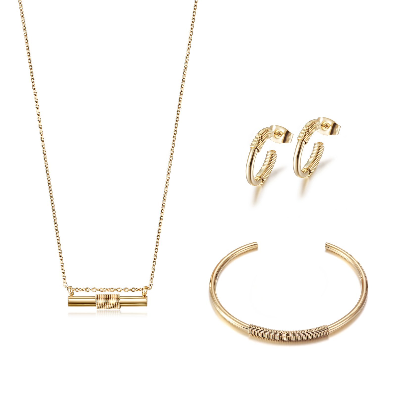 Wire Set featuring a mini bar necklace, tiny hoop earrings, and a cuff bangle in 14k gold over stainless steel, elegantly displayed in a gift box.