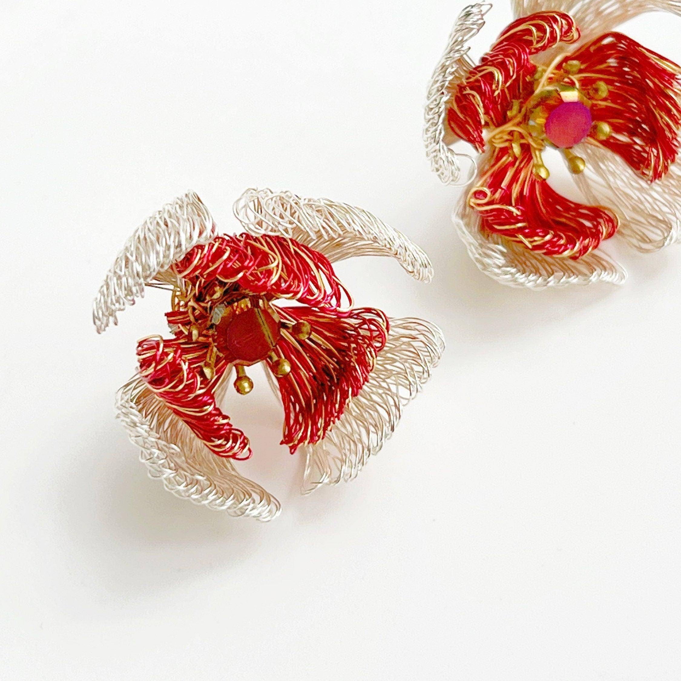 Handmade Wired Red Camellia Flower Earrings made from copper wire with sterling silver studs, showcasing a vibrant red flower design.