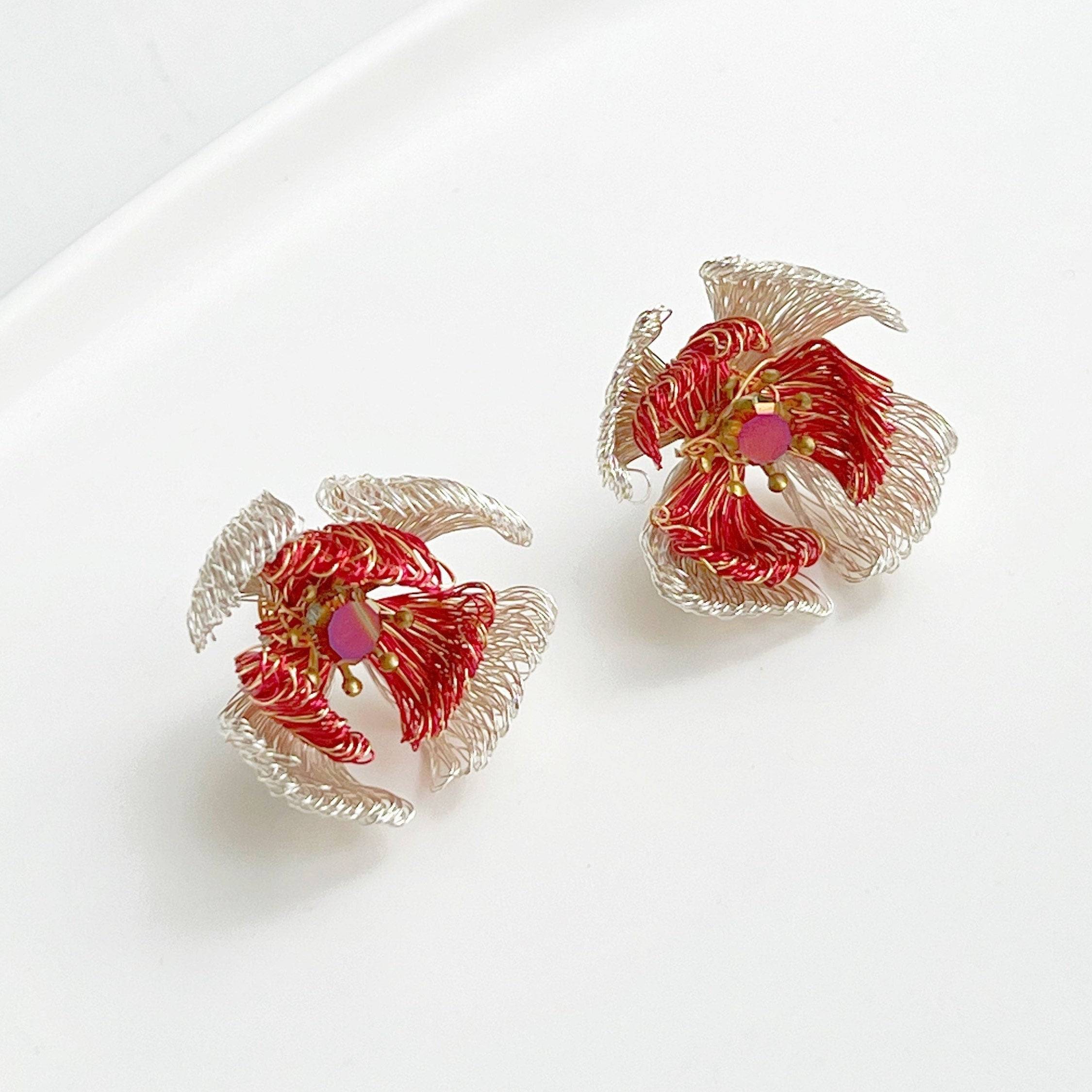 Handmade Wired Red Camellia Flower Earrings made from copper wire with sterling silver studs, showcasing a vibrant red flower design.