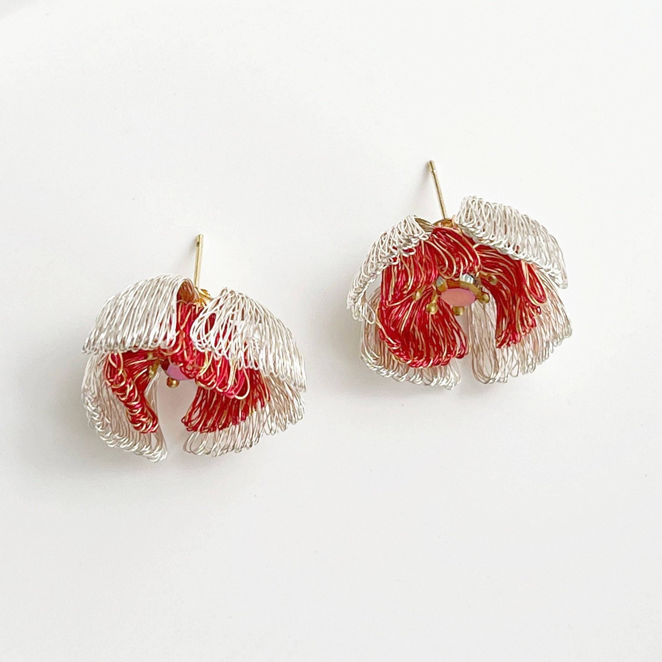 Handmade Wired Red Camellia Flower Earrings made from copper wire with sterling silver studs, showcasing a vibrant red flower design.