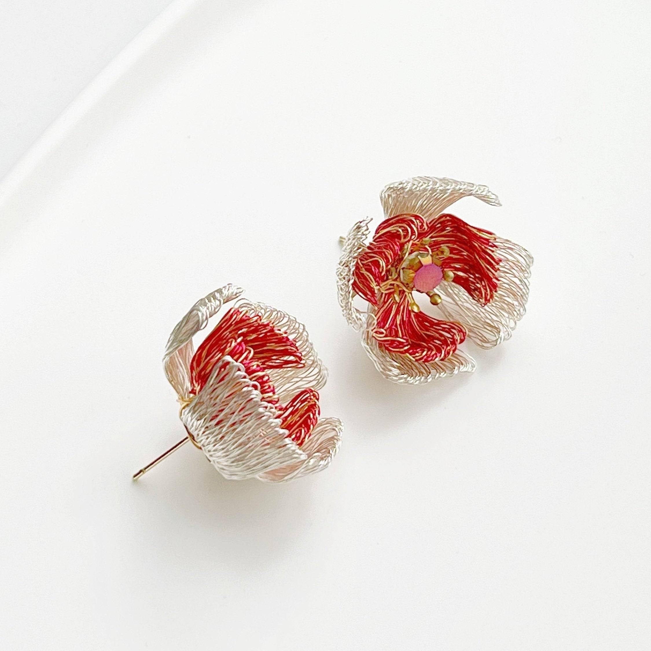 Handmade Wired Red Camellia Flower Earrings made from copper wire with sterling silver studs, showcasing a vibrant red flower design.