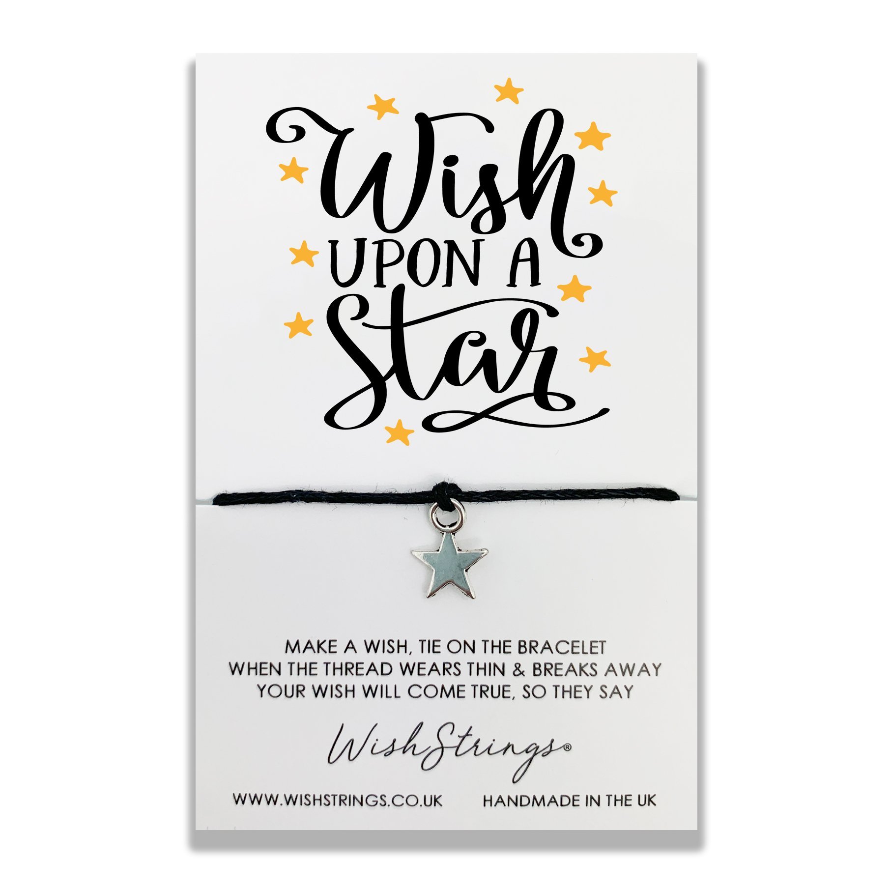 WISH UPON A STAR WishStrings bracelet featuring a Tibetan Silver charm on waxed cotton cord, beautifully presented on a luxury display card.