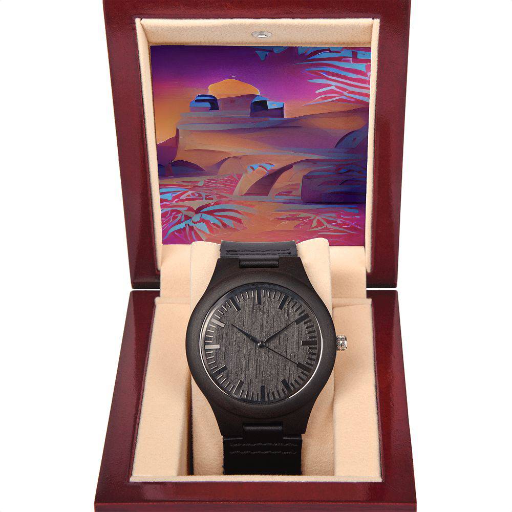 A stylish Wooden Watch made from rich sandalwood with a genuine black leather strap, showcasing unique wood grain patterns.