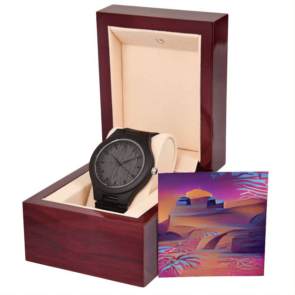 A stylish Wooden Watch made from rich sandalwood with a genuine black leather strap, showcasing unique wood grain patterns.