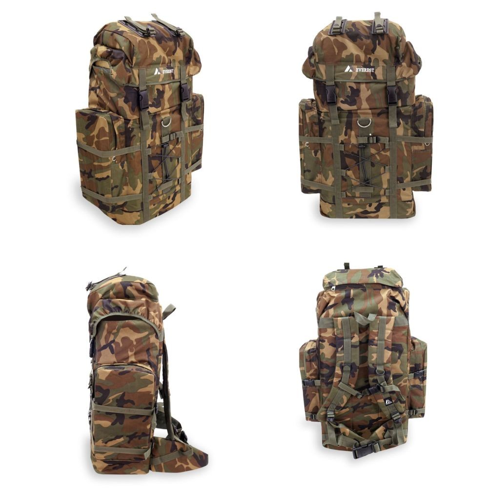 Woodland Camo Hiking Pack featuring a wheeled design, telescopic handle, and multiple zippered pockets.