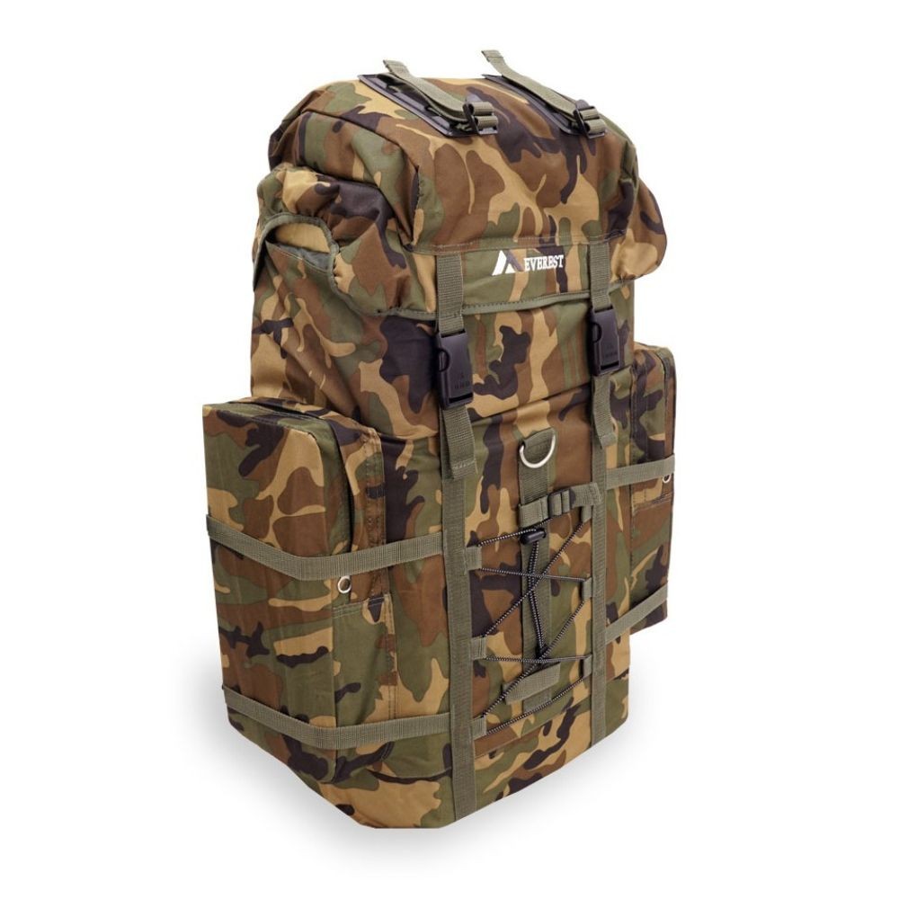 Woodland Camo Hiking Pack featuring a wheeled design, telescopic handle, and multiple zippered pockets.