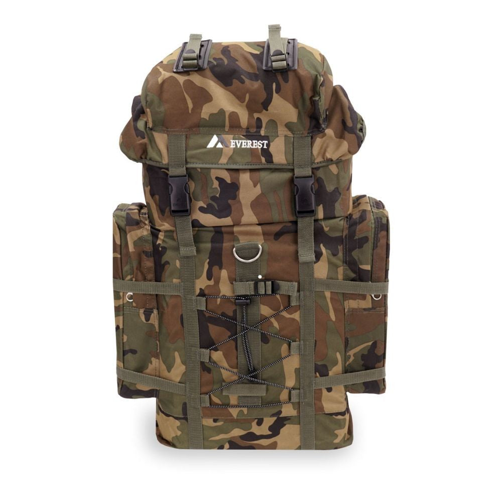 Woodland Camo Hiking Pack featuring a wheeled design, telescopic handle, and multiple zippered pockets.