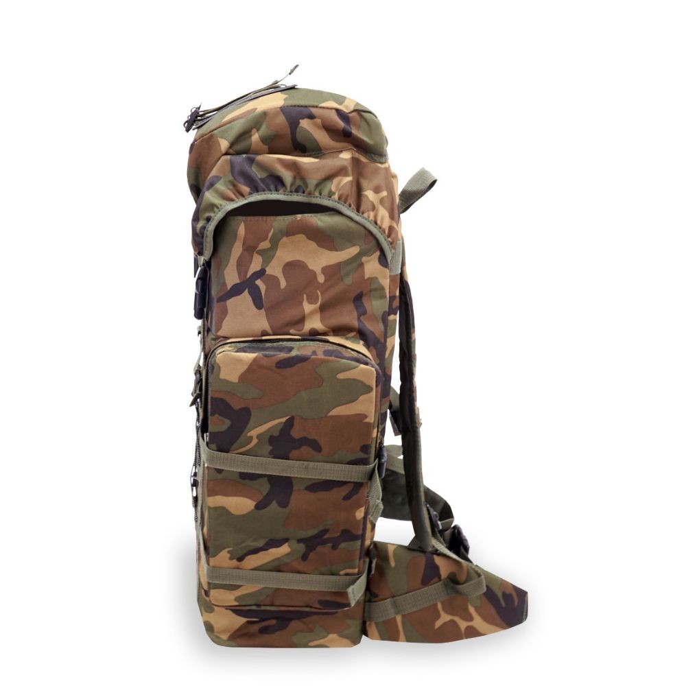 Woodland Camo Hiking Pack featuring a wheeled design, telescopic handle, and multiple zippered pockets.