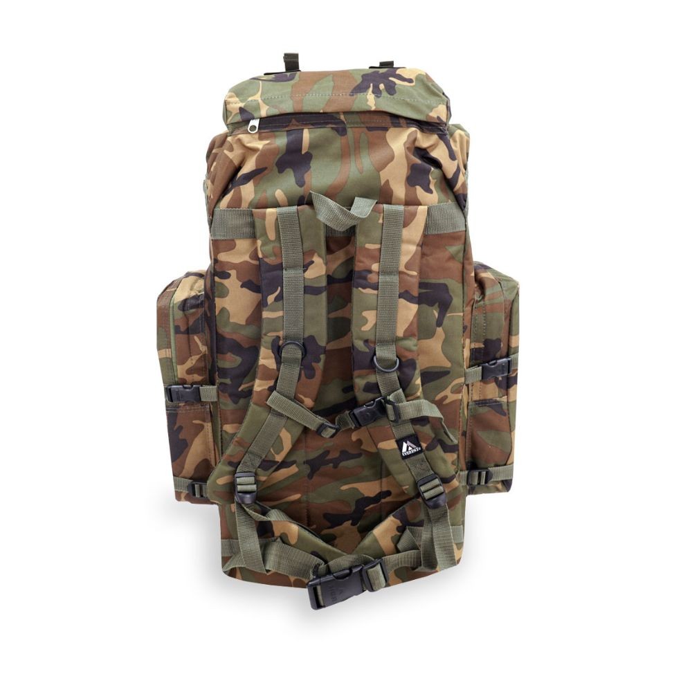 Woodland Camo Hiking Pack featuring a wheeled design, telescopic handle, and multiple zippered pockets.