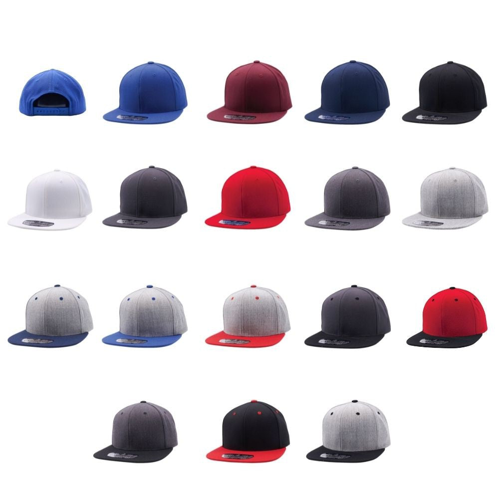 A pack of six stylish wool blend snapback hats featuring a high profile crown and flat visor, perfect for casual wear.