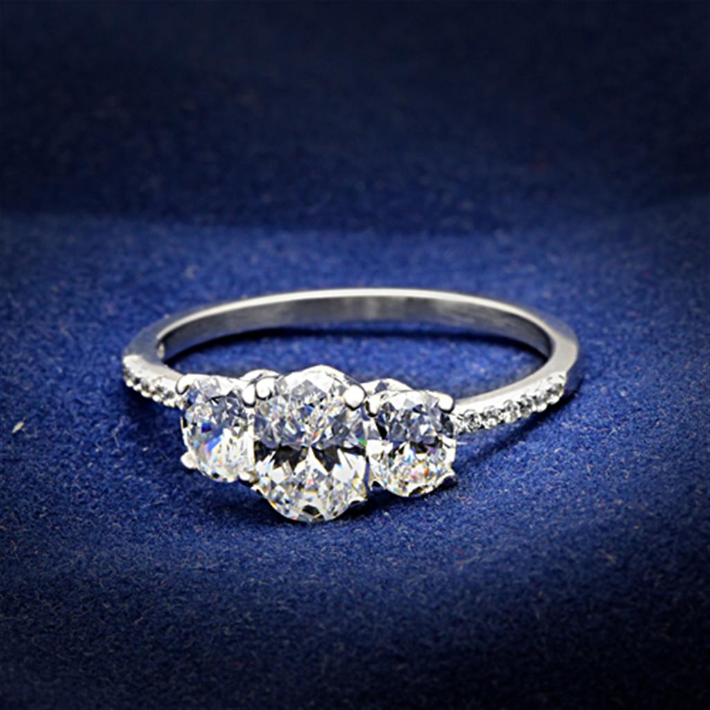 Elegant Women 925 Sterling Silver Ring with Cubic Zirconia, featuring a clear oval stone and rhodium plating.