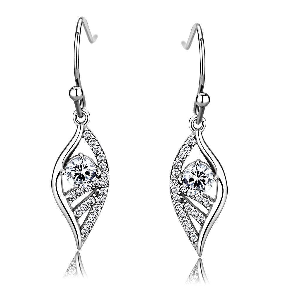 Elegant women stainless steel earrings featuring AAA Grade cubic zirconia stones in a clear, round cut, showcasing a high-polished finish.