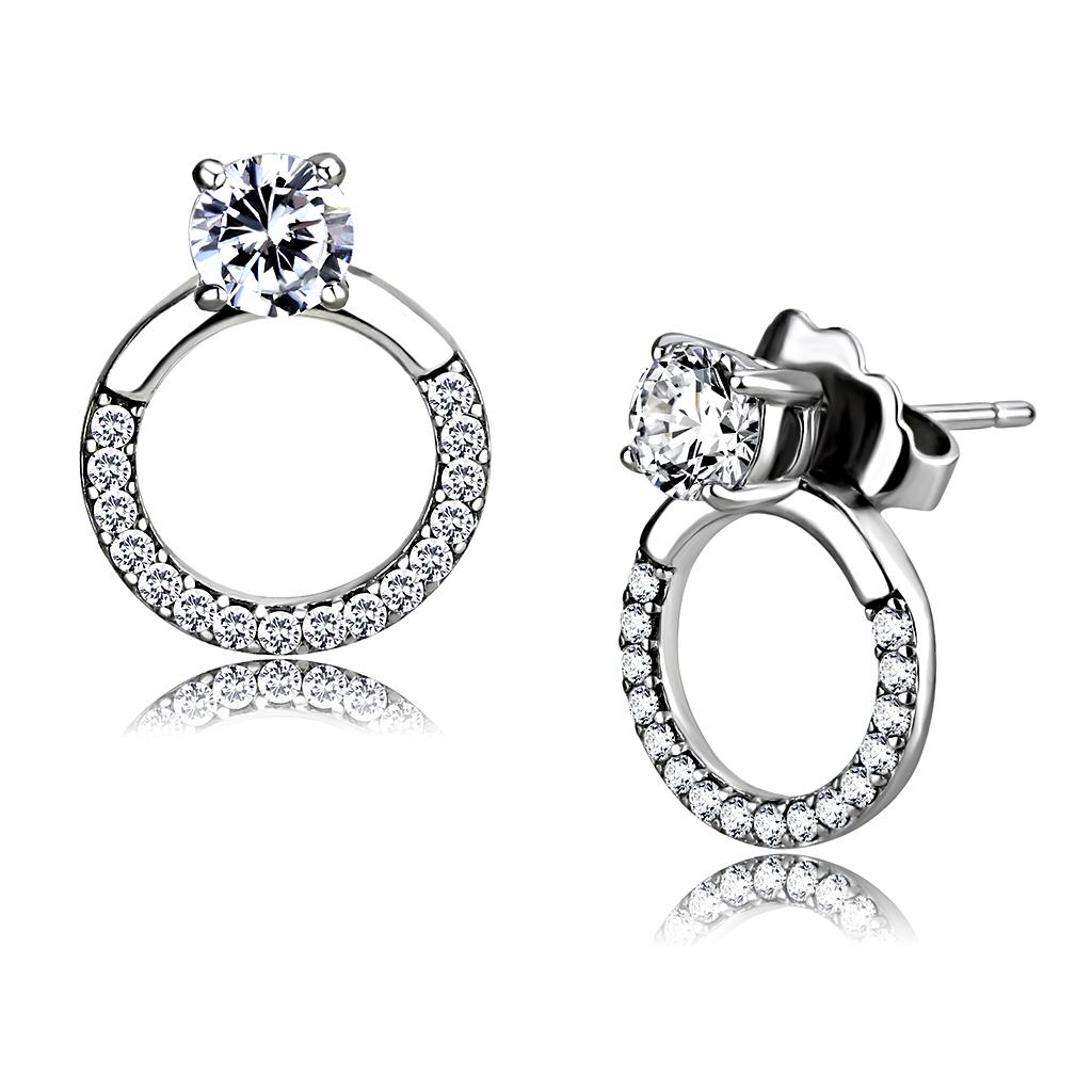 Elegant women stainless steel earrings featuring clear round cubic zirconia stones, high-polished finish, perfect for any occasion.