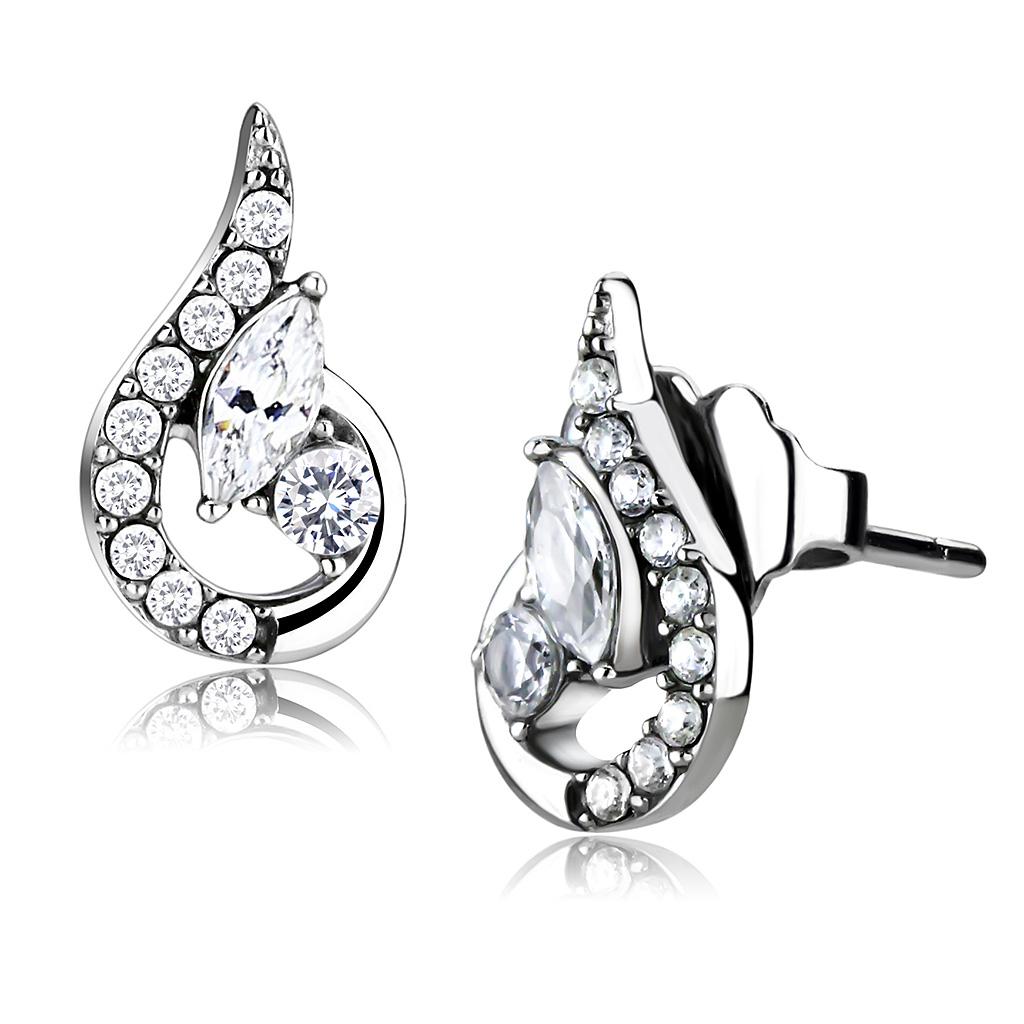 A pair of elegant women stainless steel earrings featuring AAA grade cubic zirconia stones, showcasing a high polished finish.