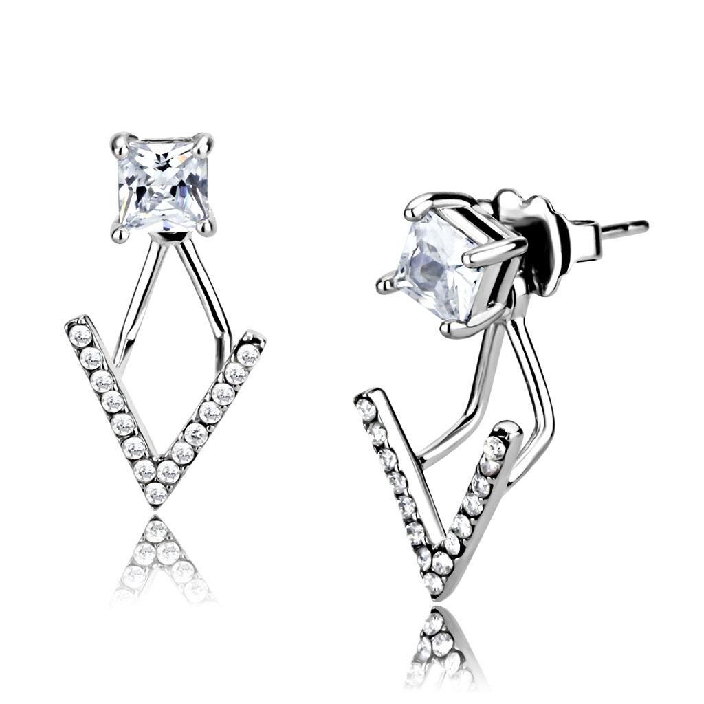 A pair of elegant women stainless steel earrings featuring high-polished finish and AAA Grade cubic zirconia stones in a square design.