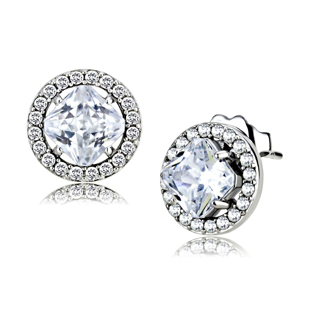 Elegant women stainless steel earrings featuring clear AAA grade cubic zirconia stones in a square design.