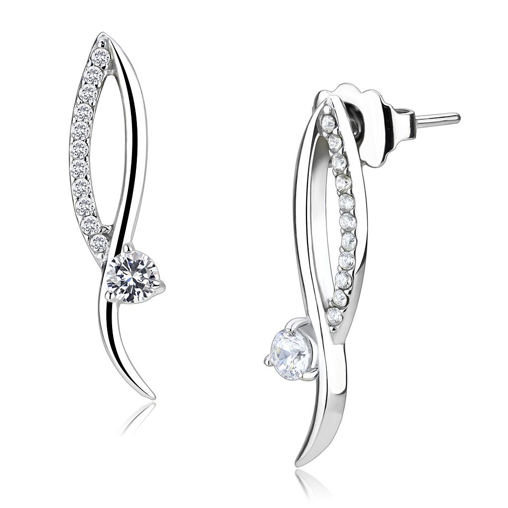 Elegant women stainless steel earrings featuring clear round cubic zirconia stones, high-polished finish, perfect for any occasion.