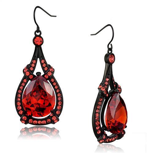 Elegant Women Stainless Steel Earrings with orange cubic zirconia stones and black ion plating.