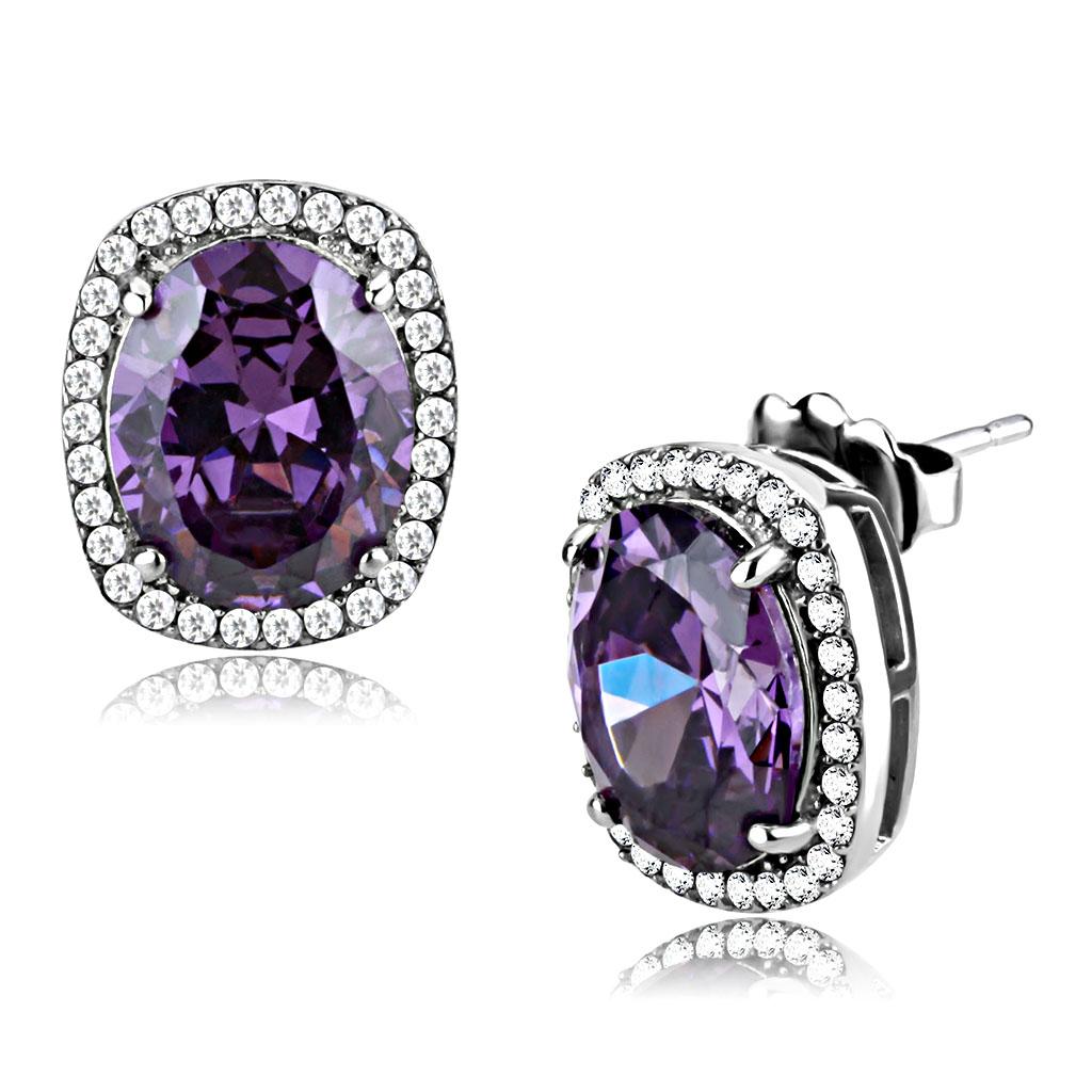 Elegant Women Stainless Steel Earrings with AAA Grade Cubic Zirconia and Amethyst Oval Shape, showcasing high-polished finish.