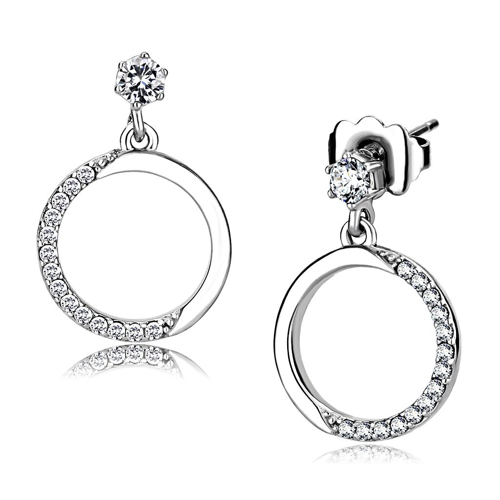 Elegant women stainless steel earrings featuring clear round cubic zirconia stones, high-polished finish for a brilliant shine.