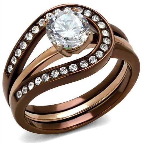 Elegant Women Stainless Steel Ring with Cubic Zirconia in IP Rose Gold and light Coffee finish, showcasing a round design.