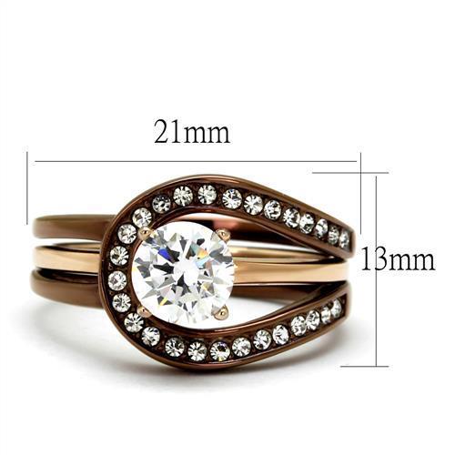 Elegant Women Stainless Steel Ring with Cubic Zirconia in IP Rose Gold and light Coffee finish, showcasing a round design.