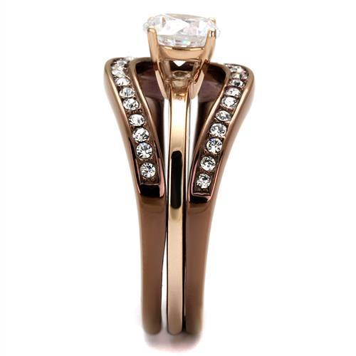 Elegant Women Stainless Steel Ring with Cubic Zirconia in IP Rose Gold and light Coffee finish, showcasing a round design.