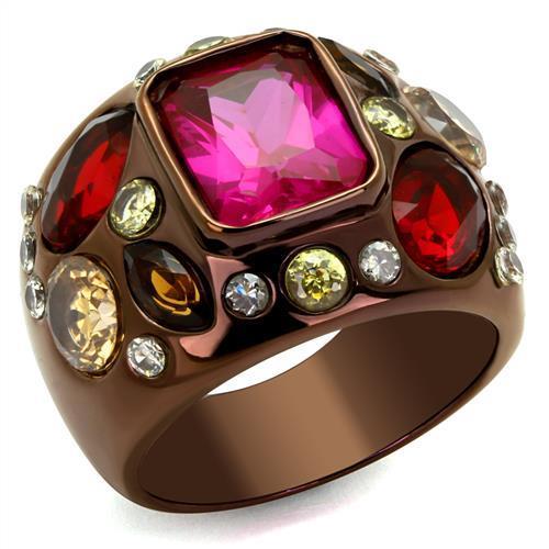 Elegant Women Stainless Steel Ring with Cubic Zirconia and Ruby in Oblong Design