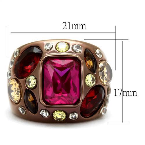 Elegant Women Stainless Steel Ring with Cubic Zirconia and Ruby in Oblong Design