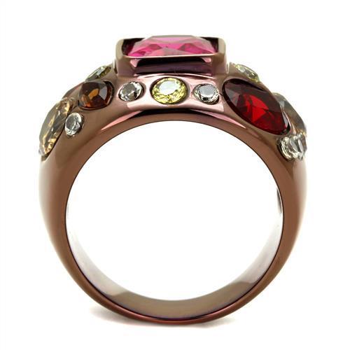 Elegant Women Stainless Steel Ring with Cubic Zirconia and Ruby in Oblong Design