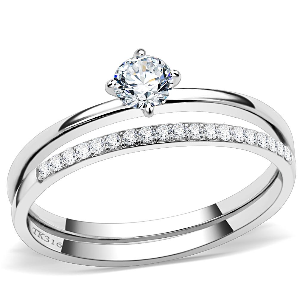 Elegant Women Stainless Steel Ring with Clear Cubic Zirconia, featuring a high-polished finish and round design.